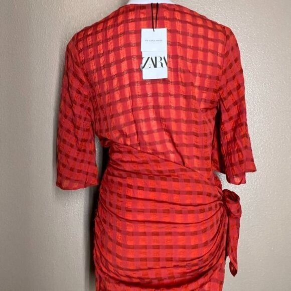 Zara dress plaid v neck short sleeve ruching details wrap clausure Orange Sz M - Picture 4 of 4
